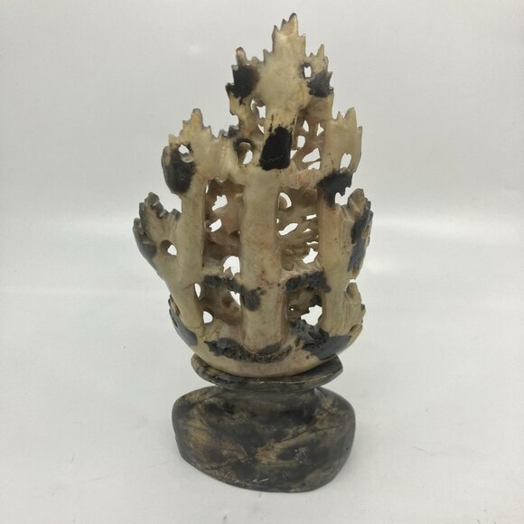 Vintage Carved Soapstone Floral Hand Made Stone Sculpture Chinese Flowers Bird - Picture 3 of 9